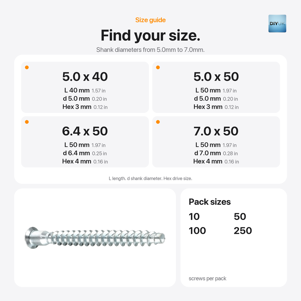DIYUK confirmat screws, size guide: 5.0 x 40mm and 5.0 x 50mm with a 3mm hex drive, 6.4 x 50mm and 7.0 x 50mm with a 4mm hex drive; packs of 10, 50, 100 or 250 screws