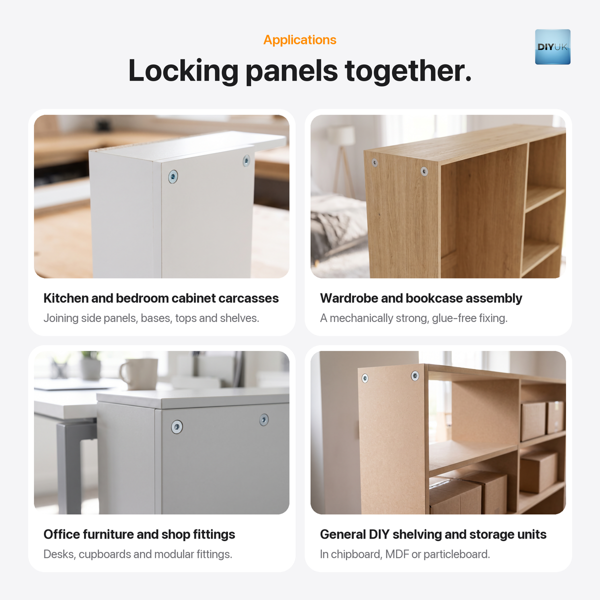 DIYUK confirmat screws, applications: locking panels together in kitchen and bedroom cabinet carcasses, wardrobe and bookcase assembly, office furniture and shop fittings, and general DIY shelving and storage units in chipboard, MDF or particleboard