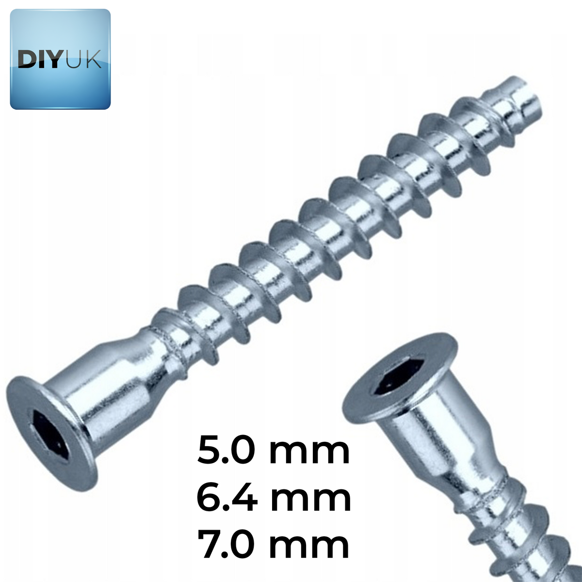 DIYUK confirmat screws in shank diameters 5.0mm, 6.4mm and 7.0mm, close-up of the hex socket heads