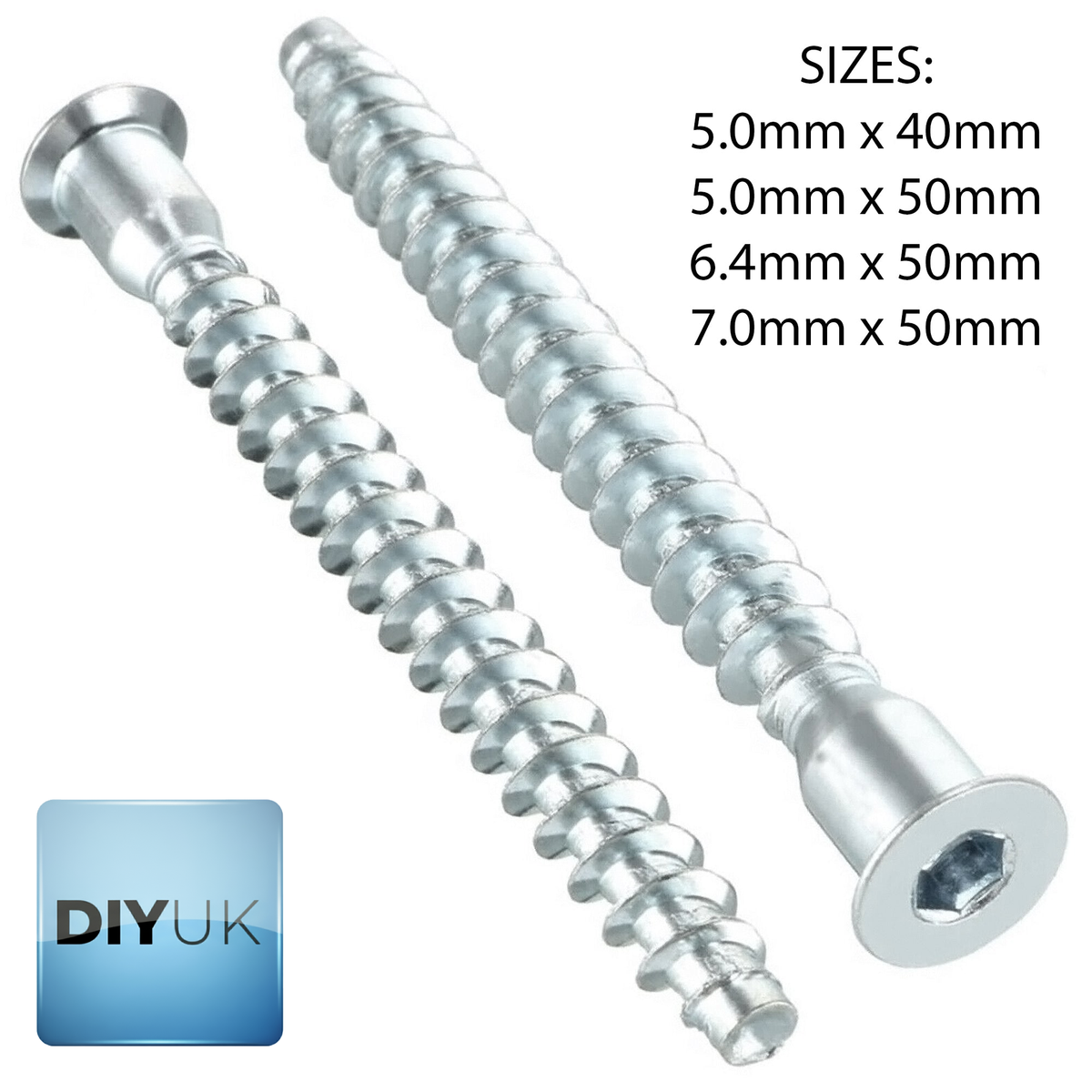 DIYUK confirmat screws in four sizes: 5.0mm x 40mm, 5.0mm x 50mm, 6.4mm x 50mm and 7.0mm x 50mm