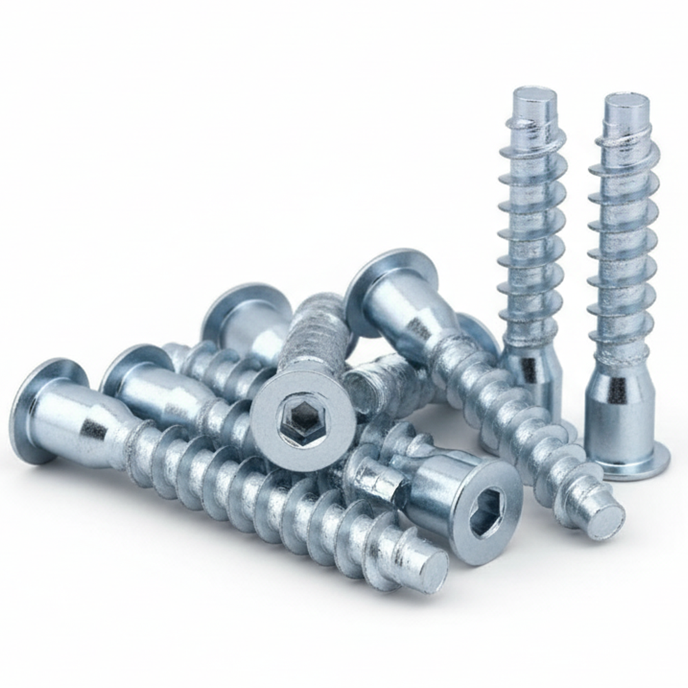 Group of confirmat screws with hex socket heads, some standing on their heads, on a white background