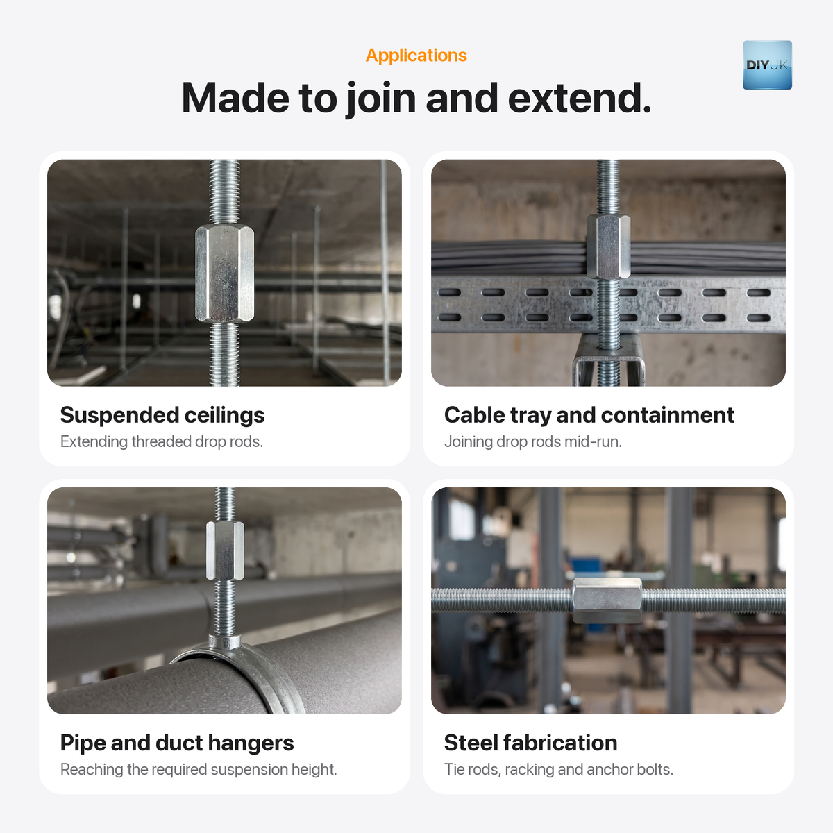 DIYUK DIN 6334 hex coupling nuts, applications: suspended ceilings, extending threaded drop rods; cable tray and containment, joining drop rods mid-run; pipe and duct hangers, reaching the required suspension height; steel fabrication, tie rods, racking and anchor bolts