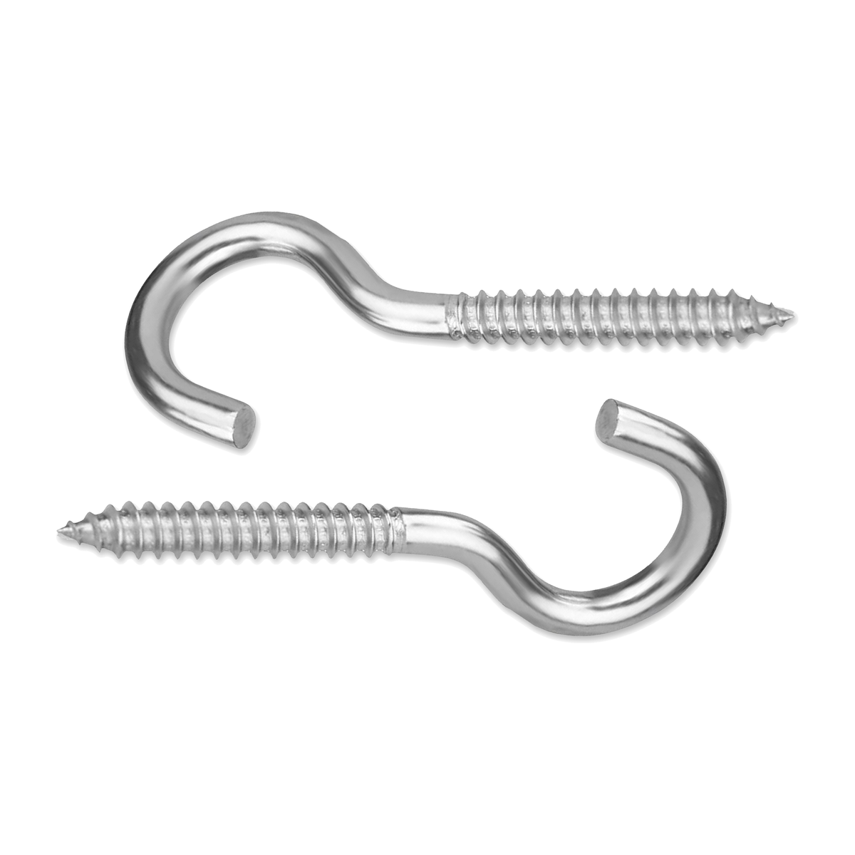 Two DIYUK bright zinc-plated screw-in cup hooks with open C-shaped hooks and self-tapping wood screw threads, on a white background
