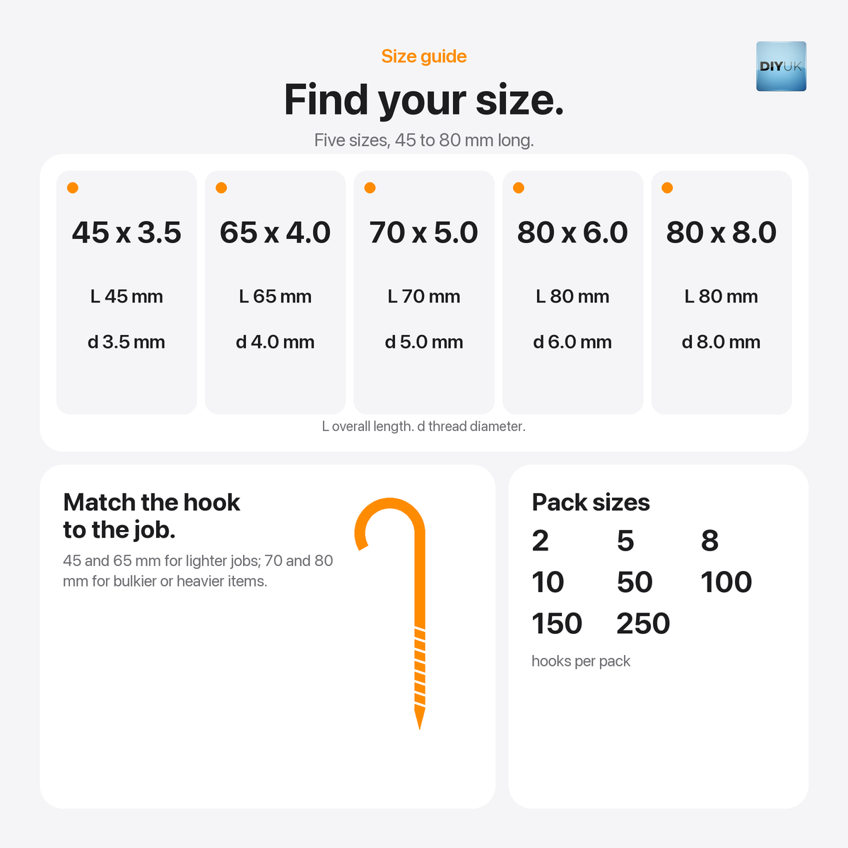 DIYUK screw-in cup hooks, size guide: five sizes from 45 x 3.5mm to 80 x 8.0mm, packs of 2, 5, 8, 10, 50, 100, 150 or 250 hooks