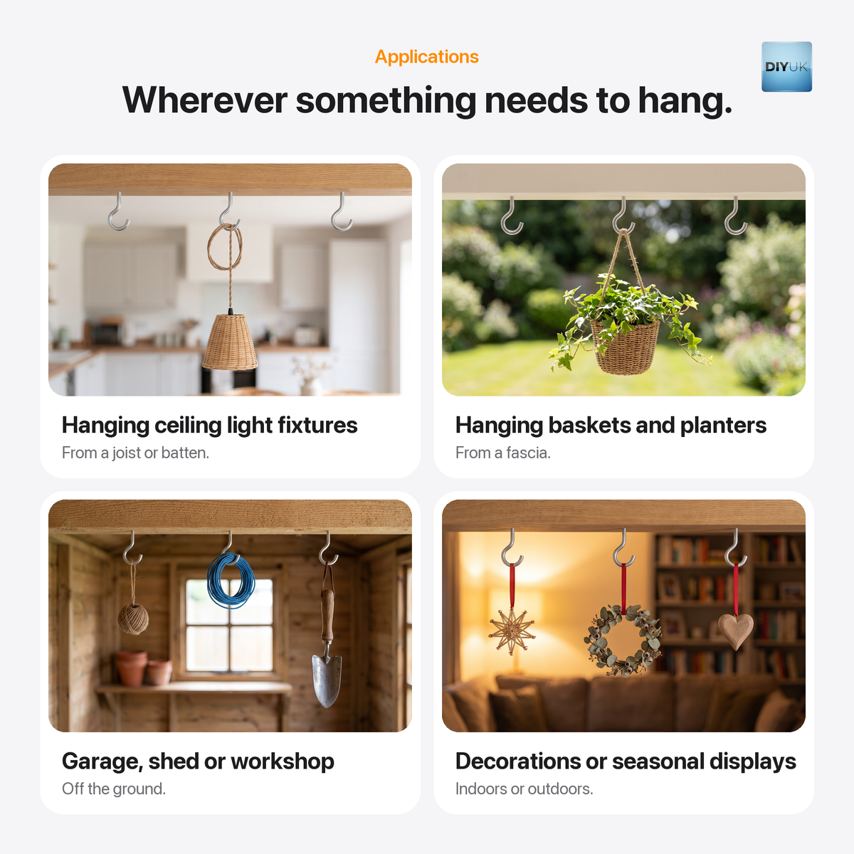 DIYUK screw-in cup hooks, applications: ceiling light fixtures from a joist or batten, hanging baskets and planters from a fascia, twine and tools off the ground in a garage, shed or workshop, decorations or seasonal displays