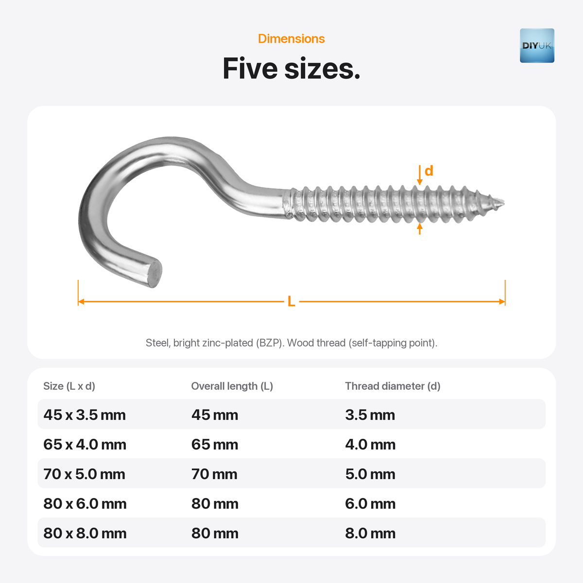 DIYUK screw-in cup hooks, dimensions: overall length L and thread diameter d for all five sizes, 45 x 3.5mm to 80 x 8.0mm