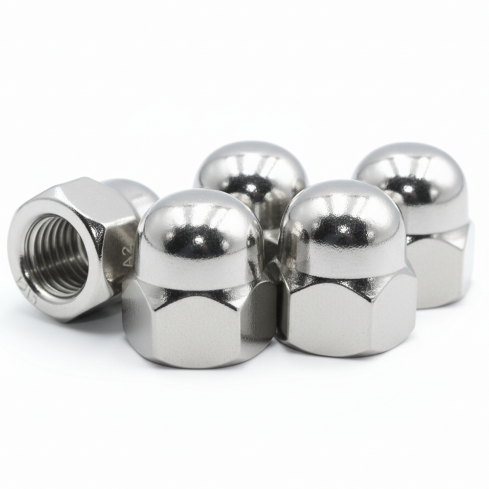 Five A2 stainless steel dome nuts grouped together on a white background