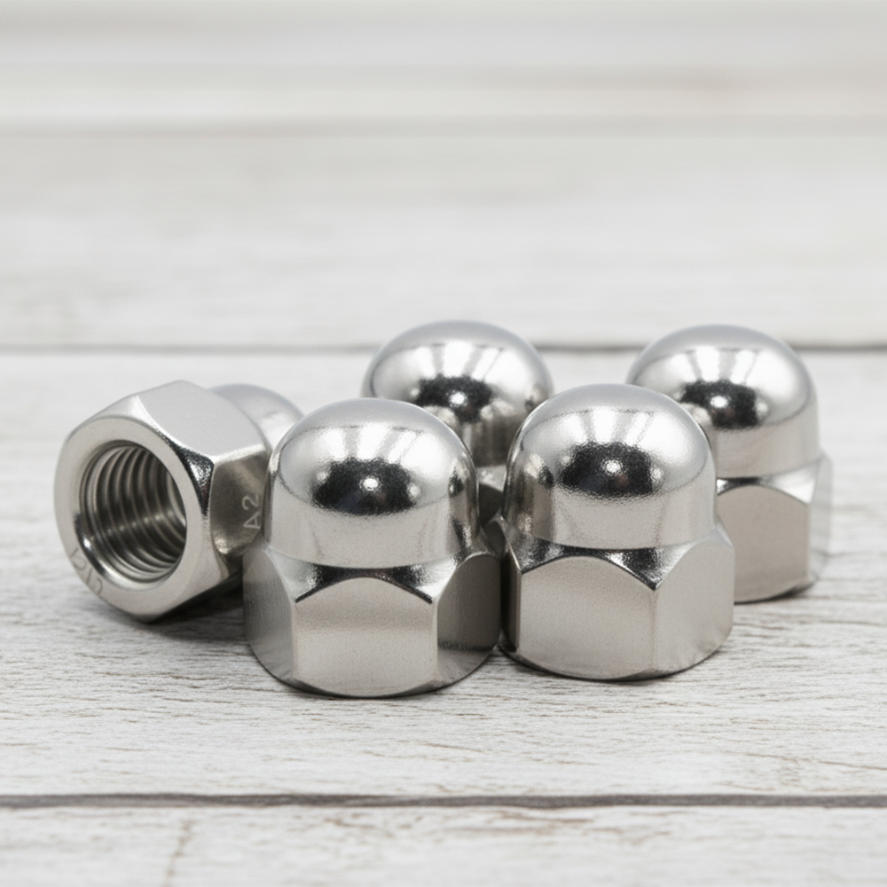 Five A2 stainless steel dome nuts on a light wooden surface