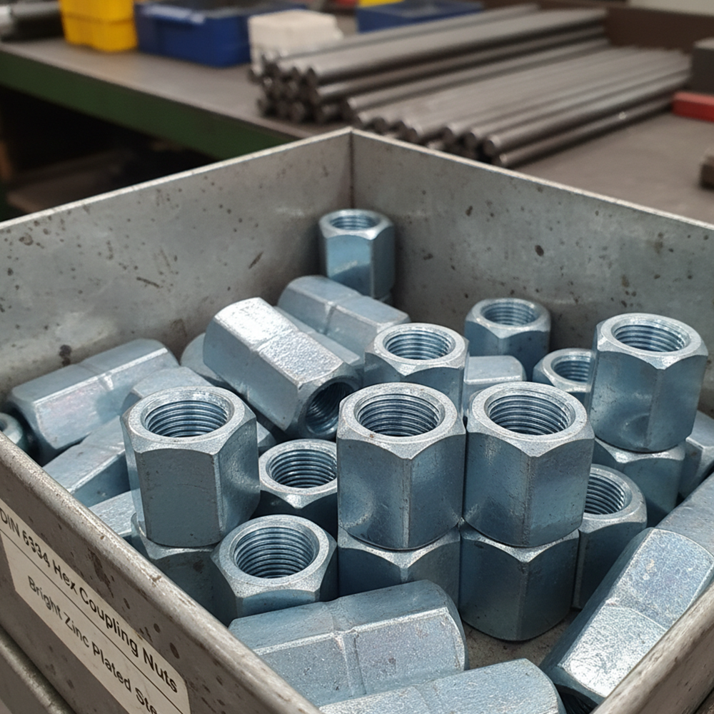Bright zinc plated DIN 6334 hex coupling nuts in a labelled steel parts box in a workshop
