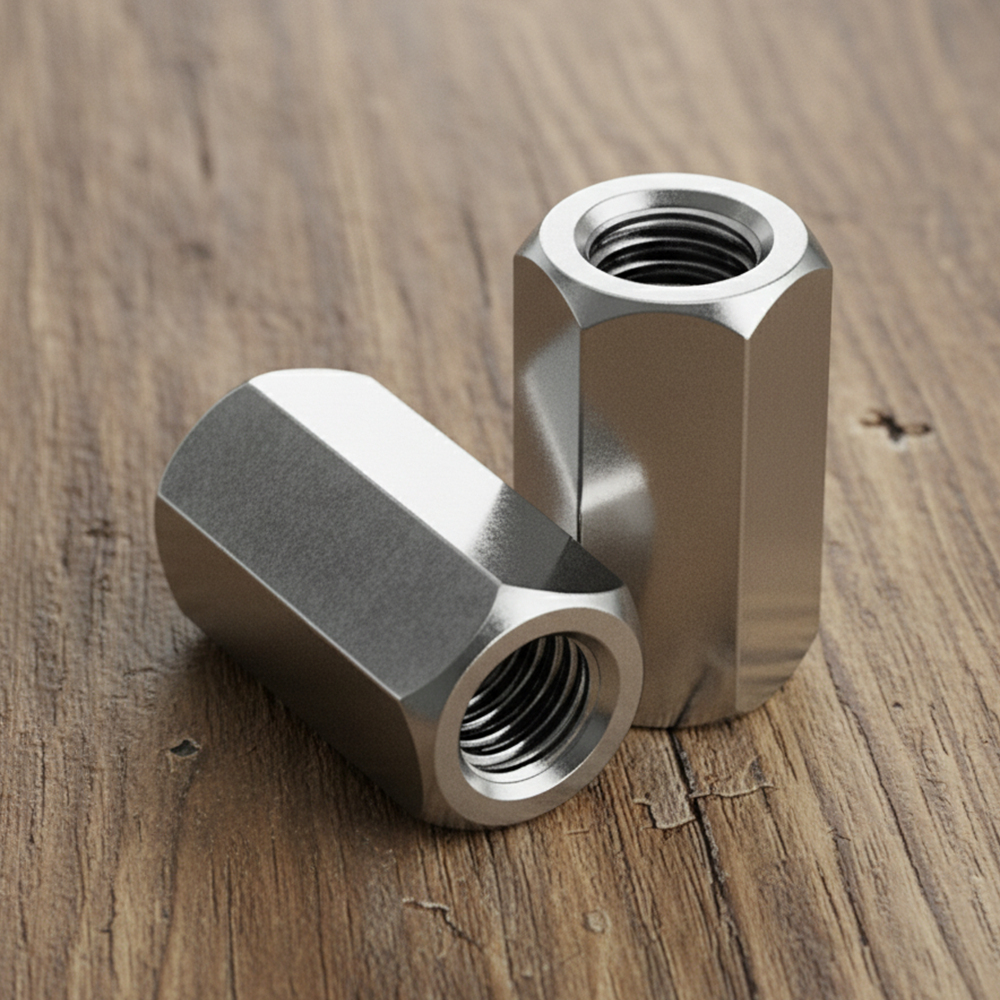 Two hex coupling nuts on a wooden surface, one standing upright and one lying down to show the internal thread