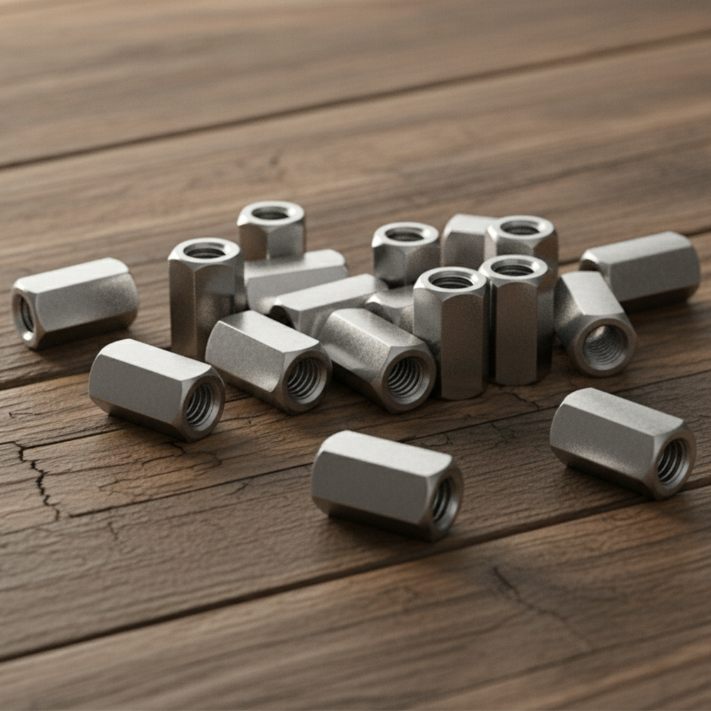 Bright zinc plated hex coupling nuts scattered on a wooden surface