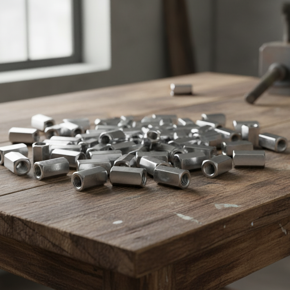 Hex coupling nuts spread across a workshop bench