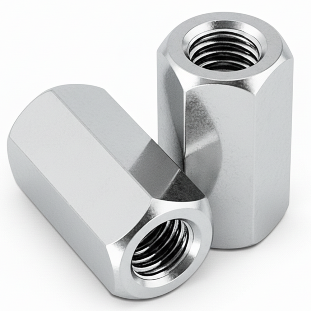 Two bright zinc plated DIN 6334 hex coupling nuts on a white background
