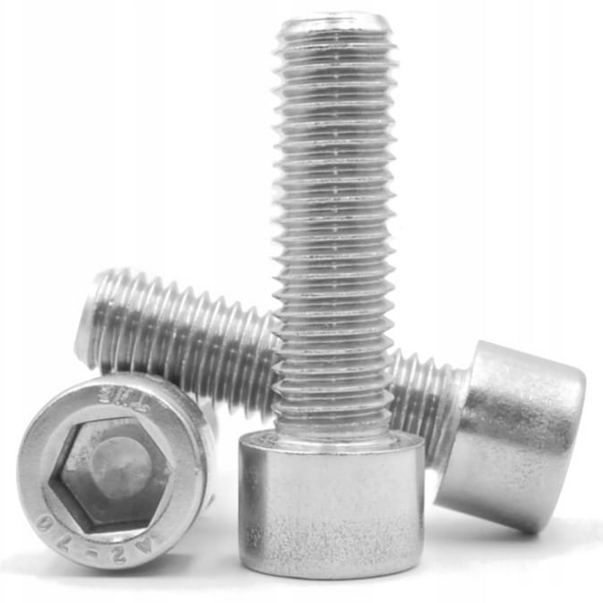 Close-up of A2 stainless steel Allen socket cap head screws showing the hex socket heads and threads