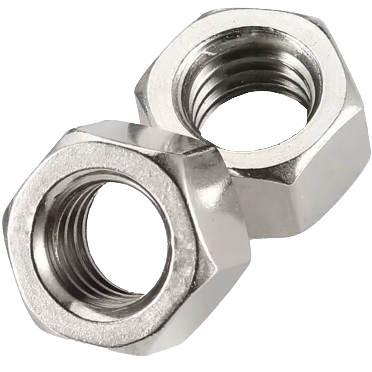 Two bright zinc-plated DIN 934 hex nuts on a white background