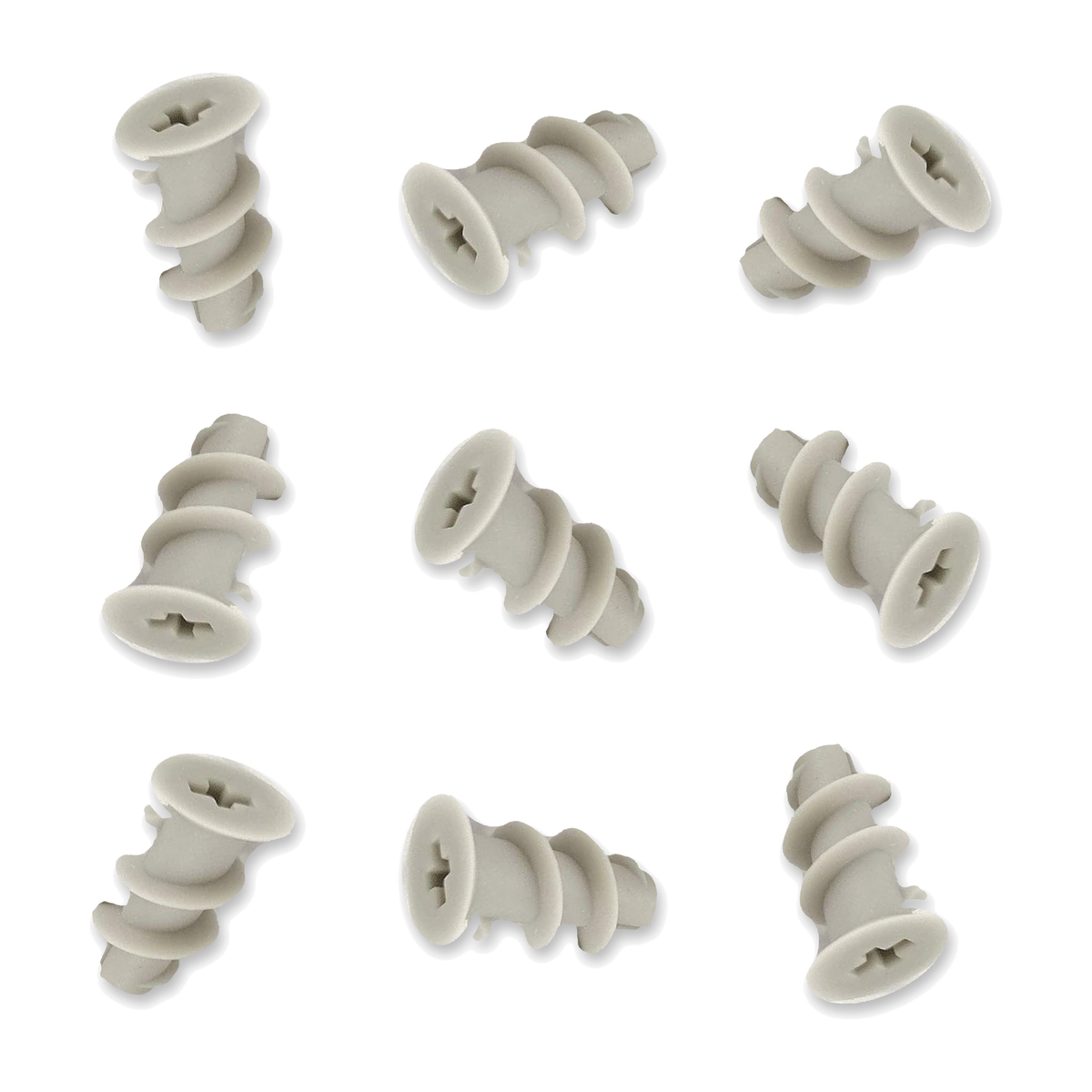 Nine grey DIYUK ABS plastic cavity wall anchors for plasterboard, 6 x 24.5mm, with cross-recess countersunk heads and coarse external threads, on a white background