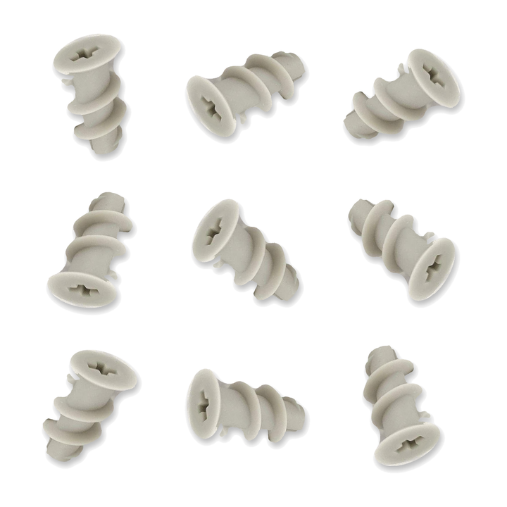 Nine grey DIYUK ABS plastic cavity wall anchors for plasterboard, 6 x 24.5mm, with cross-recess countersunk heads and coarse external threads, on a white background