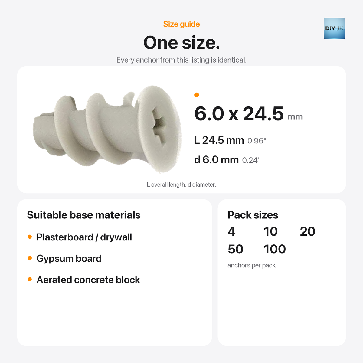 DIYUK plasterboard wall anchors, size guide: one size, 6.0 x 24.5mm (L 24.5mm, d 6.0mm); suitable base materials plasterboard / drywall, gypsum board and aerated concrete block; packs of 4, 10, 20, 50 or 100 anchors
