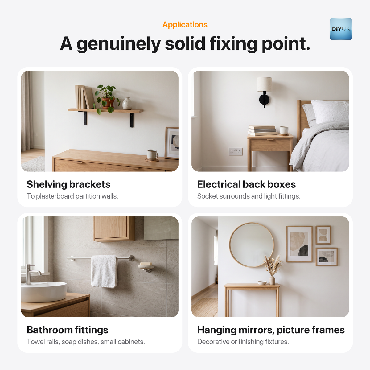 DIYUK plasterboard cavity wall anchors, applications: shelving brackets on plasterboard partition walls, electrical back boxes, socket surrounds and light fittings, bathroom fittings such as towel rails, soap dishes and small cabinets, hanging mirrors and picture frames