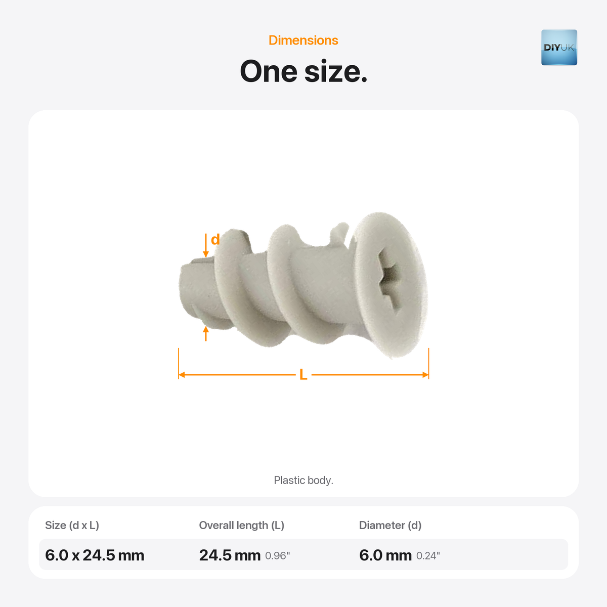 DIYUK plasterboard wall anchors, dimensions: one size, overall length L 24.5mm and diameter d 6.0mm, plastic body