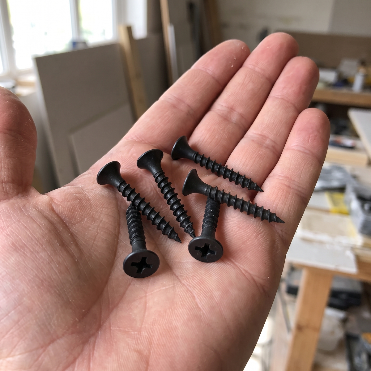 DIYUK Coarse Thread Drywall Screws, Black Phosphate, Bugle Head, PH2 Phillips Drive, shown in hand for scale