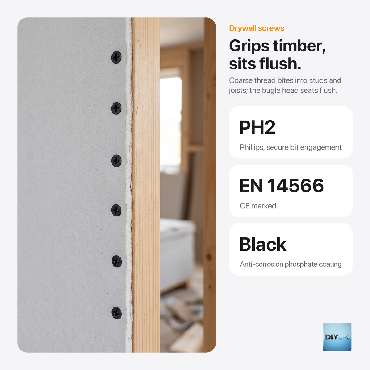 DIYUK Coarse Thread Drywall Screws, Black Phosphate, Bugle Head, PH2 Phillips Drive, key benefits