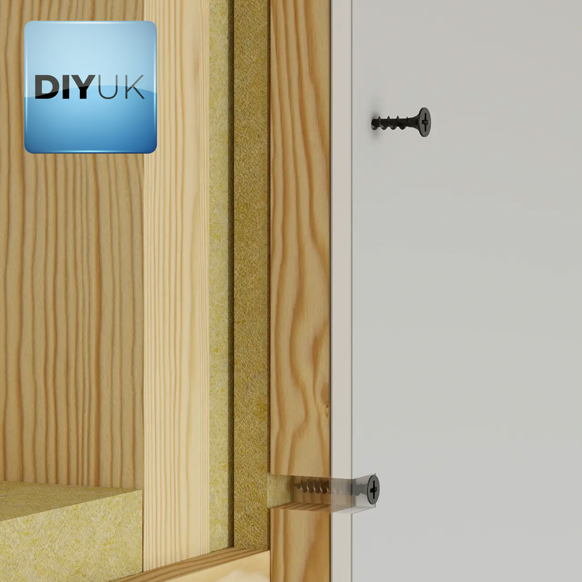 Black phosphate drywall screw fixing plasterboard to a timber frame