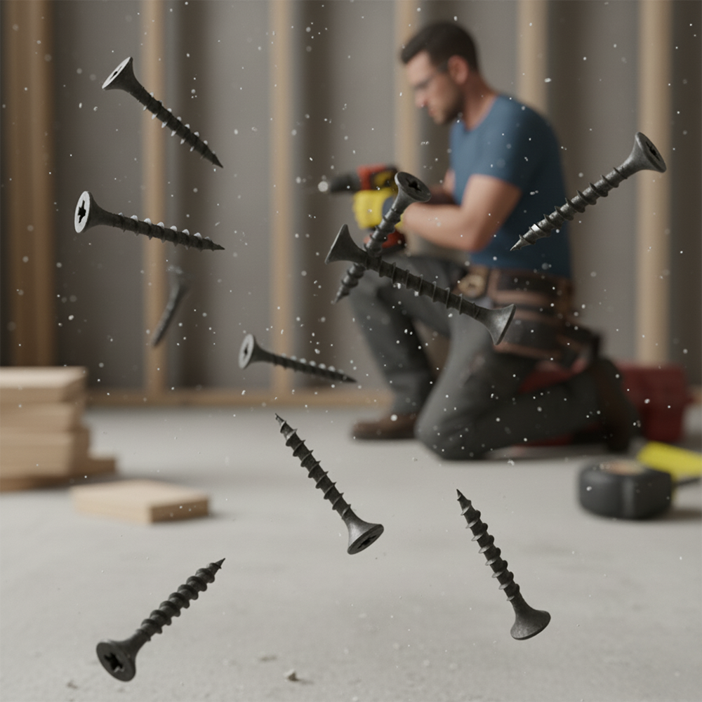 Black phosphate drywall screws for fixing plasterboard to timber studs