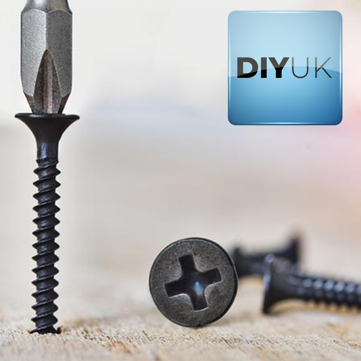 Black phosphate drywall screw with PH2 Phillips bugle head, close-up