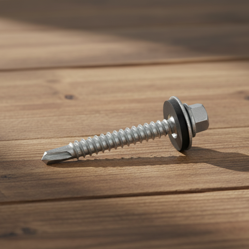 Hex head self-drilling Tek roofing screw with EPDM washer lying on a wooden surface