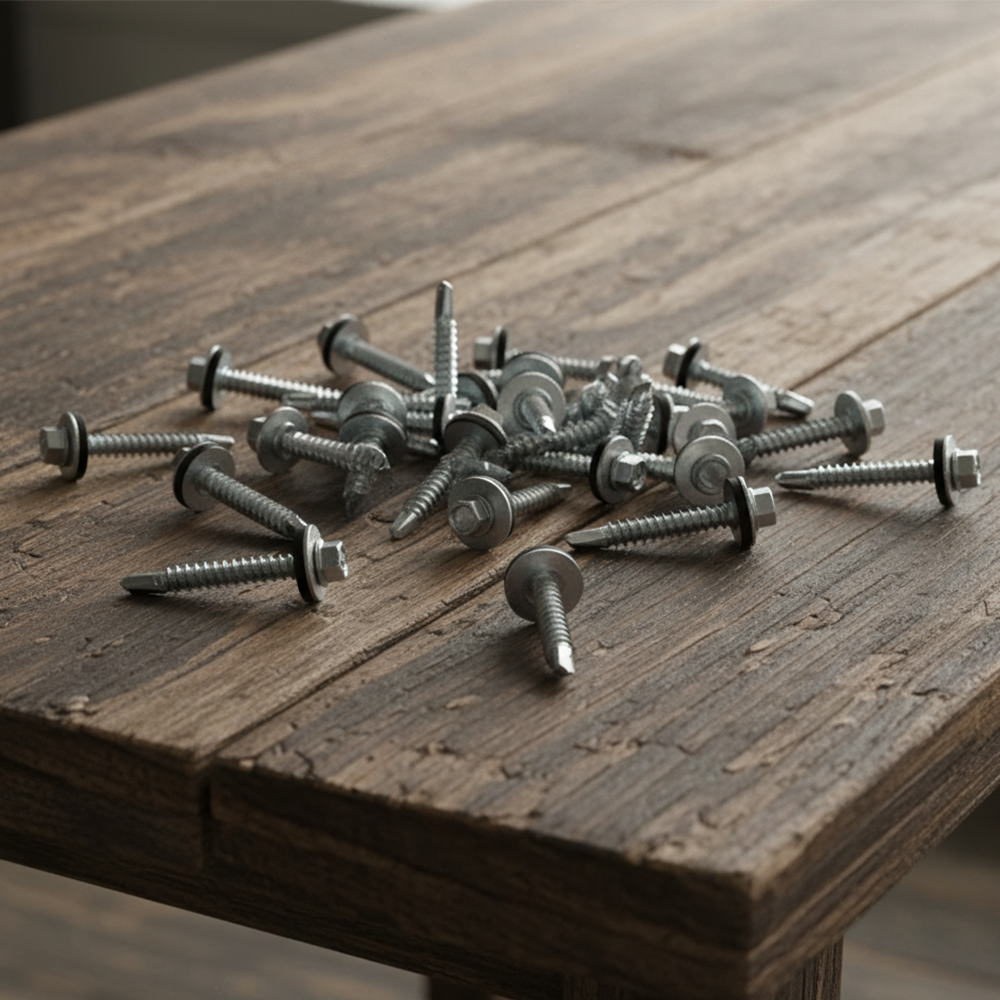 Zinc-plated hex head self-drilling roofing screws with EPDM washers scattered on a wooden table