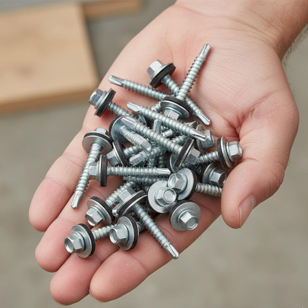 A handful of zinc-plated hex head Tek roofing screws with EPDM washers