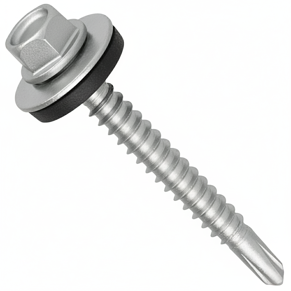 Zinc-plated hex head self-drilling Tek roofing screw with a bonded EPDM washer on a white background