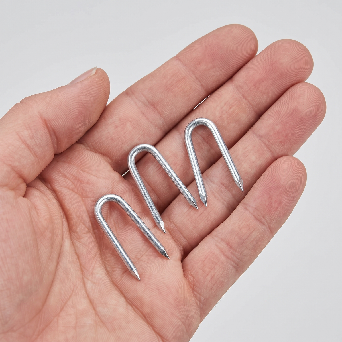 Zinc Plated Fencing Staples - U-Nails for Wire & Mesh, shown in hand for scale