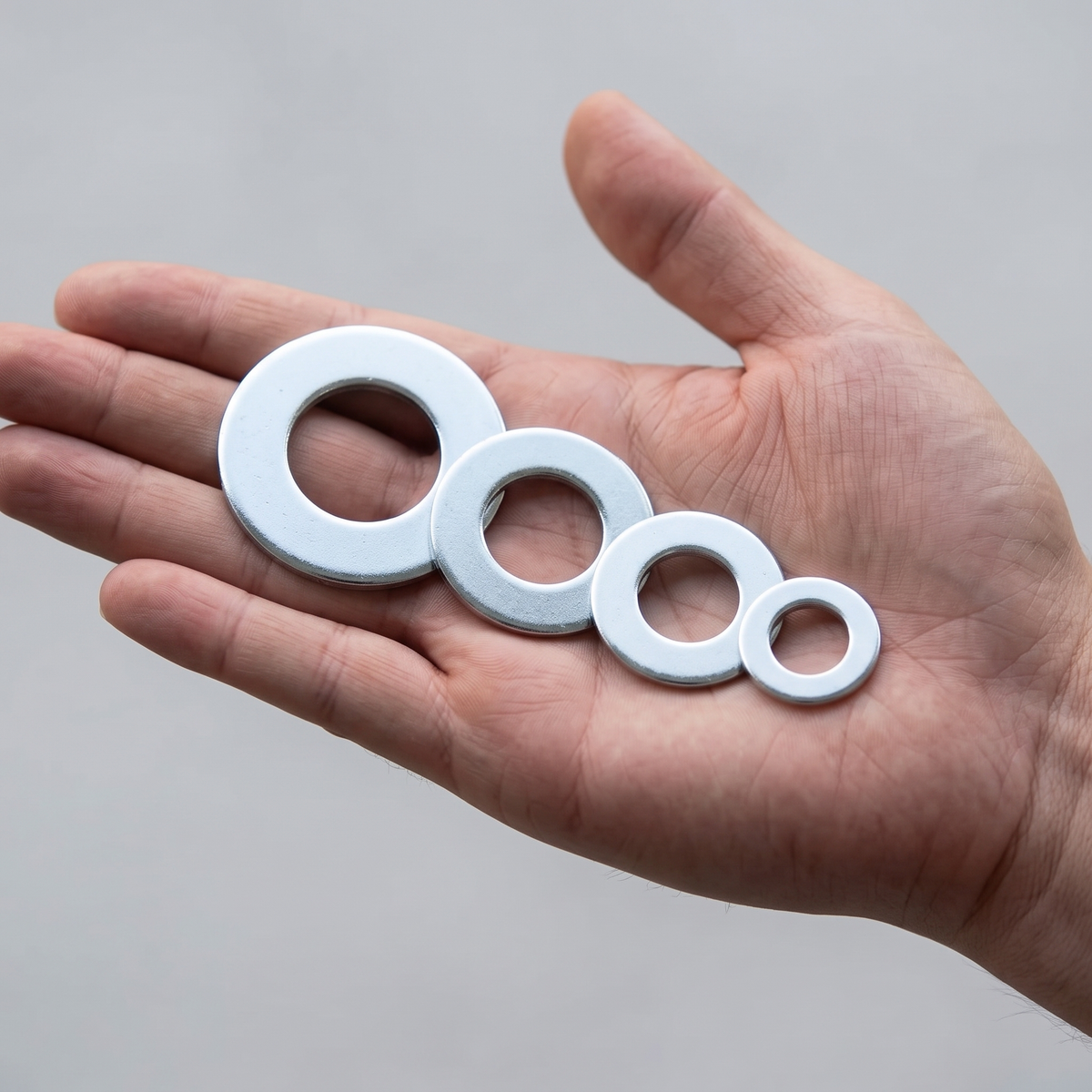 Zinc Plated Flat Washers - DIN 125 Form A / ISO 7089 (M3 to M36), shown in hand for scale
