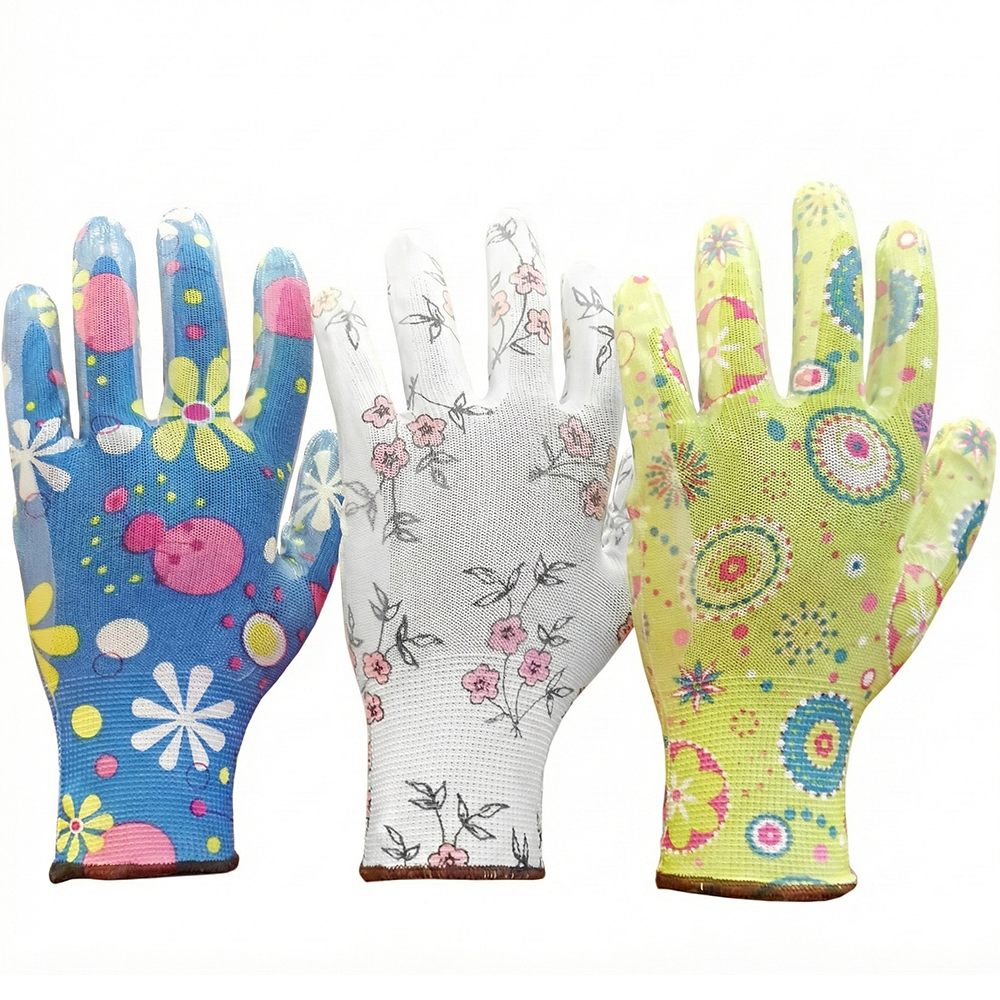 Ladies Floral Gardening Gloves (3 Pack) - Nitrile Coated Water-Resistant Work Gloves - Thorn Resistant Grip for Weeding, Pruning & Wet Soil - Breathable Knit