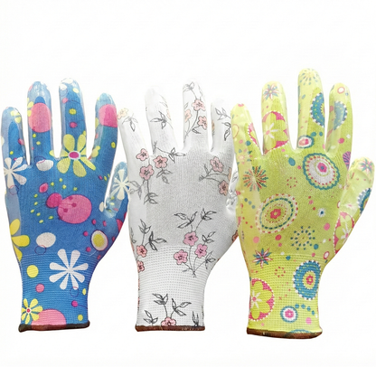Ladies Floral Gardening Gloves (3 Pack) - Nitrile Coated Water-Resistant Work Gloves - Thorn Resistant Grip for Weeding, Pruning & Wet Soil - Breathable Knit