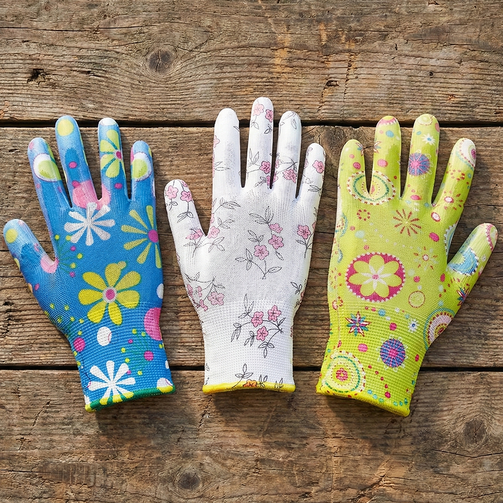 Ladies Floral Gardening Gloves (3 Pack) - Nitrile Coated Water-Resistant Work Gloves - Thorn Resistant Grip for Weeding, Pruning & Wet Soil - Breathable Knit
