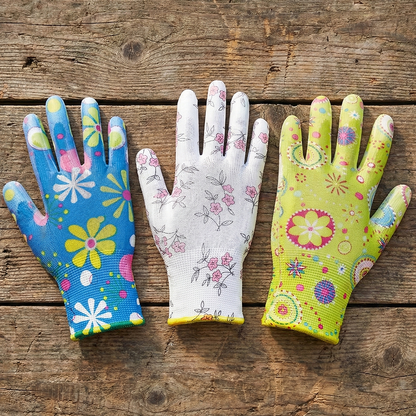 Ladies Floral Gardening Gloves (3 Pack) - Nitrile Coated Water-Resistant Work Gloves - Thorn Resistant Grip for Weeding, Pruning & Wet Soil - Breathable Knit