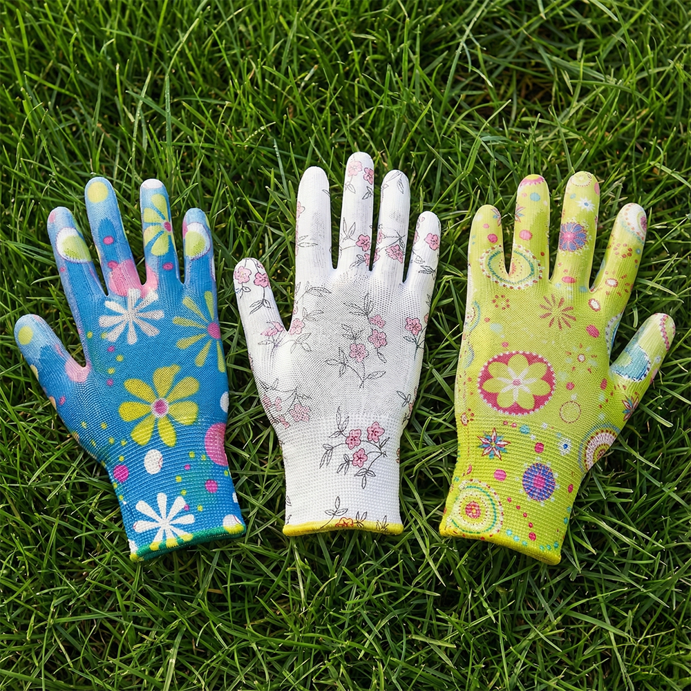 Ladies Floral Gardening Gloves (3 Pack) - Nitrile Coated Water-Resistant Work Gloves - Thorn Resistant Grip for Weeding, Pruning & Wet Soil - Breathable Knit