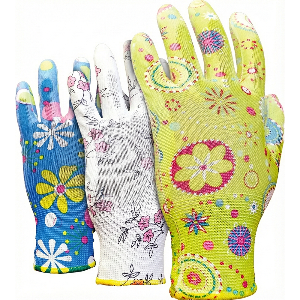 Ladies Floral Gardening Gloves (3 Pack) - Nitrile Coated Water-Resistant Work Gloves - Thorn Resistant Grip for Weeding, Pruning & Wet Soil - Breathable Knit