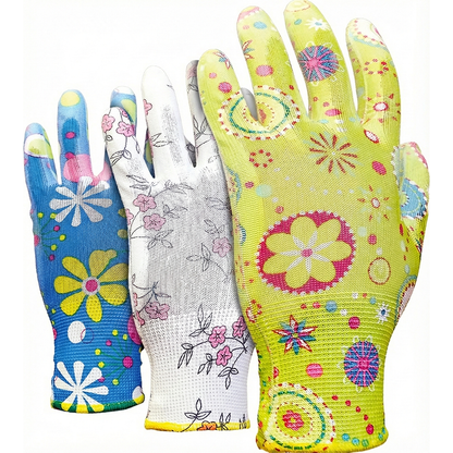 Ladies Floral Gardening Gloves (3 Pack) - Nitrile Coated Water-Resistant Work Gloves - Thorn Resistant Grip for Weeding, Pruning & Wet Soil - Breathable Knit