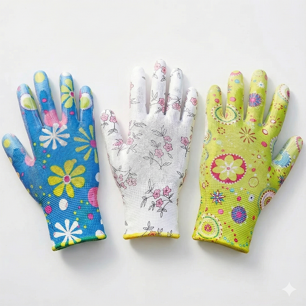Ladies Floral Gardening Gloves (3 Pack) - Nitrile Coated Water-Resistant Work Gloves - Thorn Resistant Grip for Weeding, Pruning & Wet Soil - Breathable Knit