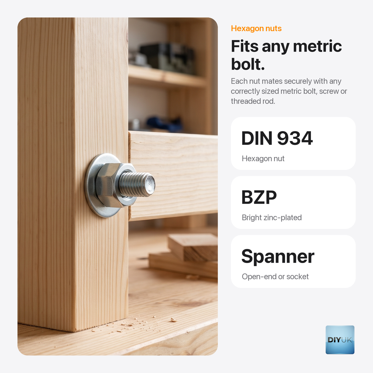 DIYUK Hex Nuts DIN 934, bright zinc-plated BZP finish, key benefits: fits any metric bolt, DIN 934 hexagon nut, BZP bright zinc-plated, fitted with an open-end or socket spanner