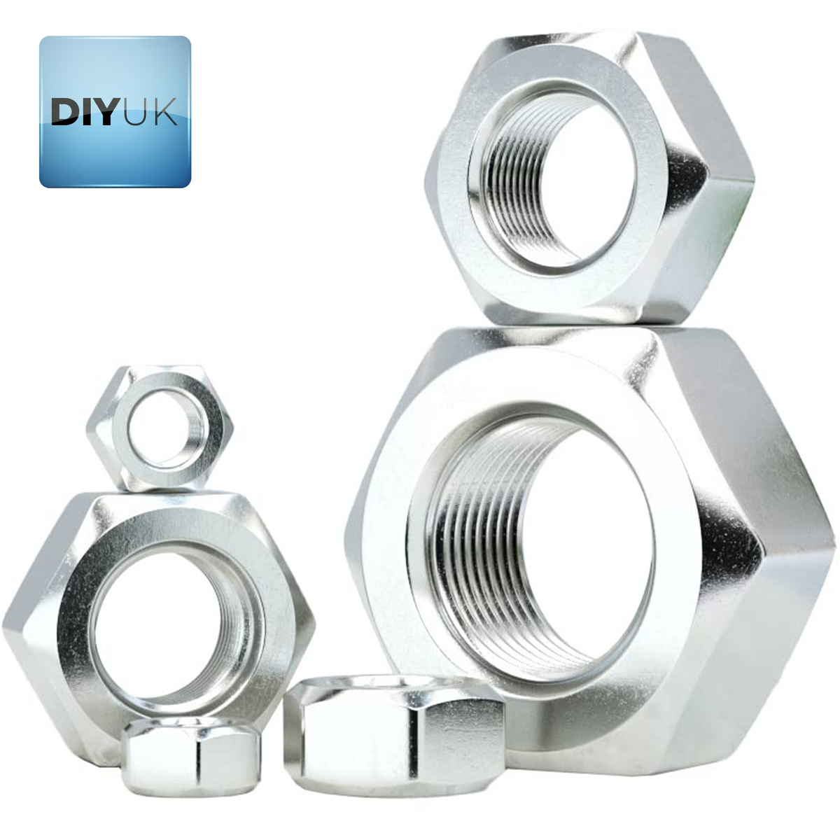 Bright zinc-plated DIN 934 hex nuts of different sizes on a white background