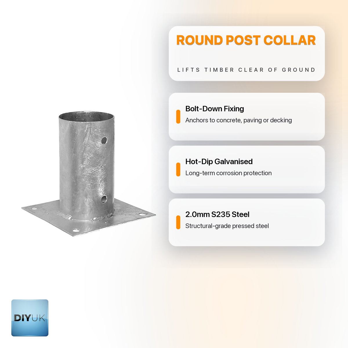 Galvanised Bolt Down Round Post Support Base - DIYUK infographic, key features