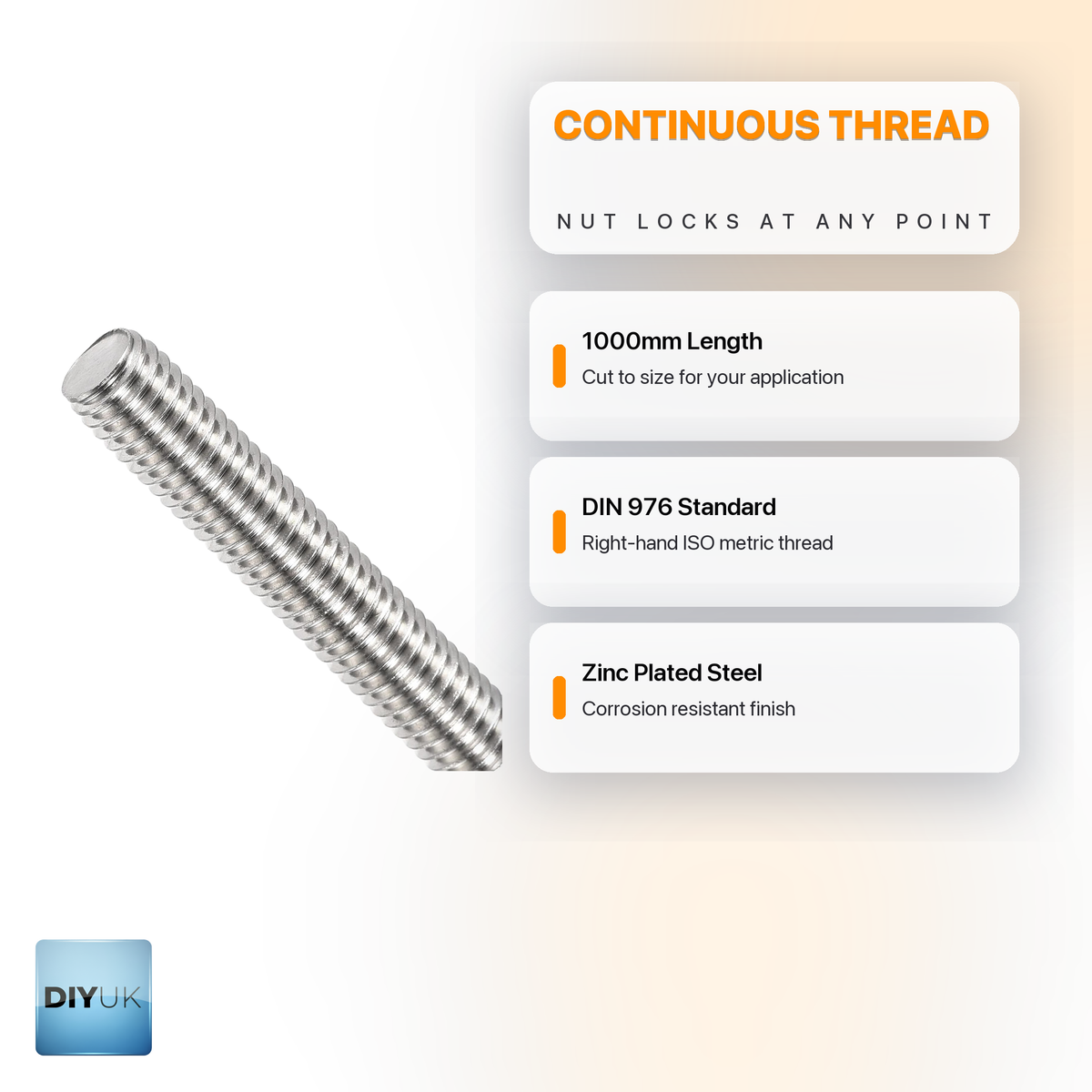 Premium 1000mm Fully Threaded Steel Studding Bar - Zinc Plated (DIN 976) - DIYUK infographic, key features