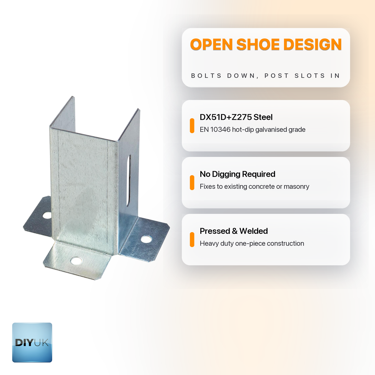 Post Support Foot Bracket Galvanised Steel Open Shoe Heavy Duty for Fence Fixing - DIYUK infographic, key features