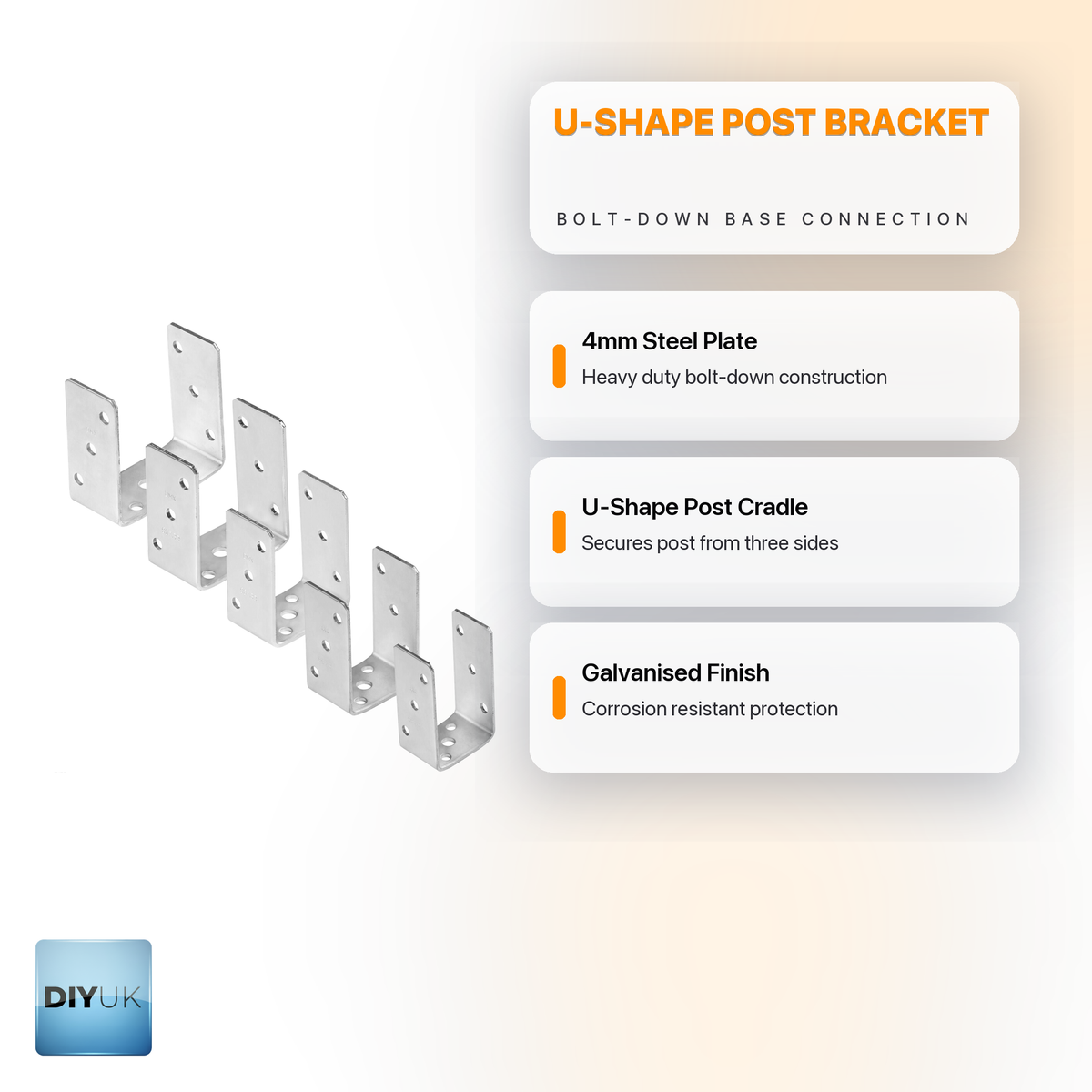 Fence Post Support U-Shape Bolt Down Base Bracket 4mm Galvanised - DIYUK infographic, key features