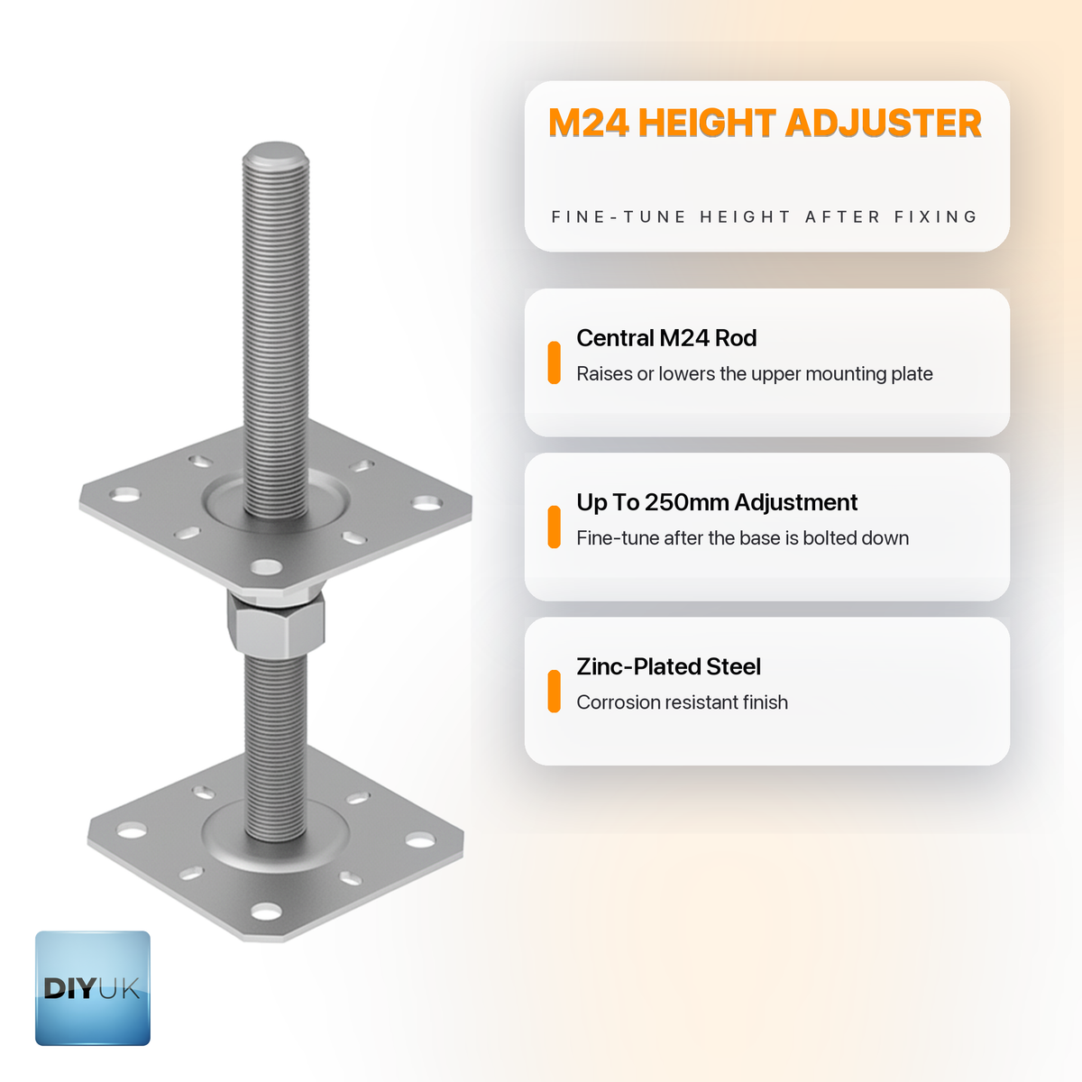 Heavy Duty Adjustable Bolt Down Fence Post Support Bracket - DIYUK infographic, key features